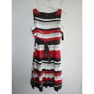 NWT Style & Co. A-Line Tie Waist Brown, White, Red, 100% Linen Midi Dress sz 14P